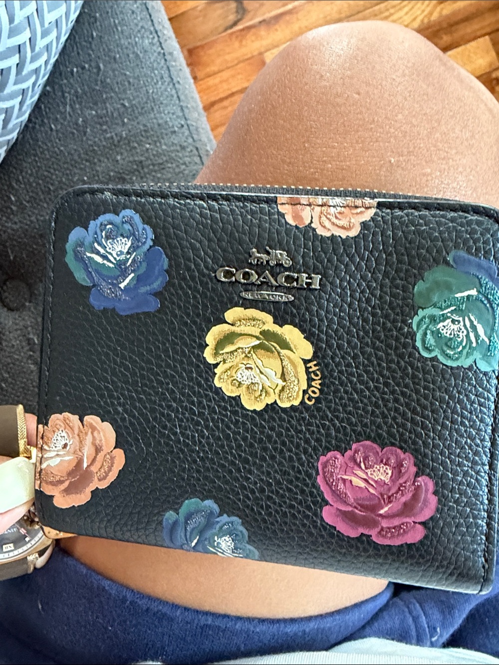 COACH Black Pebbled Leather Floral Zip Wallet